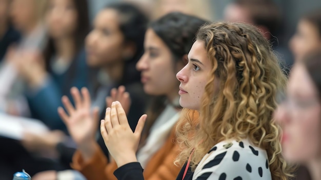 Photo a young woman with curly hair sits in a crowd clapping her hands