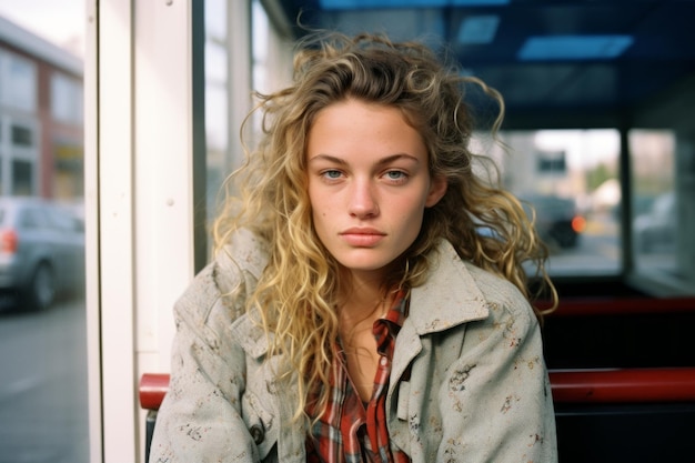 a young woman with curly hair sitting on a bus