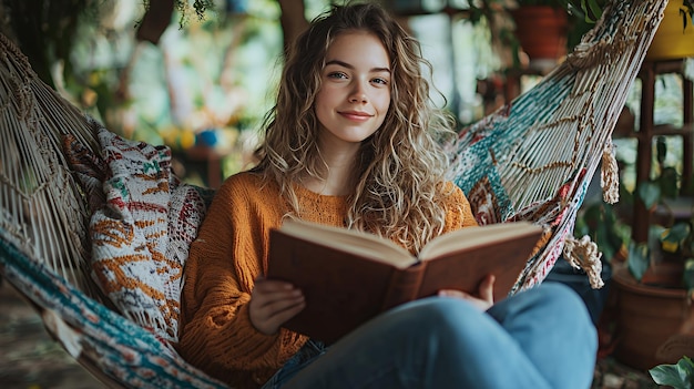 Photo young woman with curly hair smiles while reading a book in a hammock