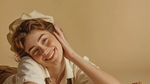 Photo young woman with curly hair smiles in a white hat