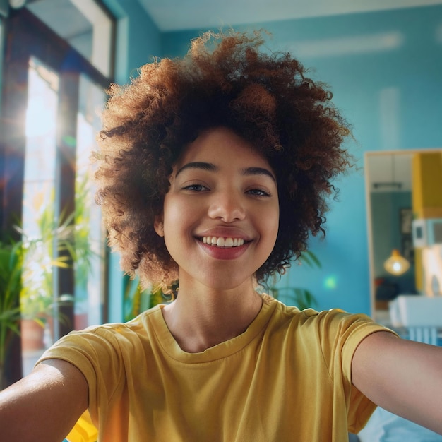 Photo young woman with curly hair smiling in brightly colorful room taking a cheerful selfie