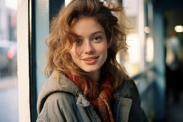 a young woman with curly hair standing by a window