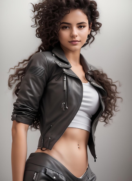 A young woman with curly hair wearing a leather jacket and white top