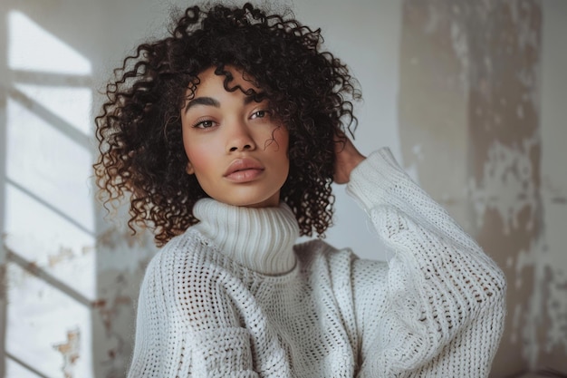 Photo a young woman with curly hair and wearing a thick knitted sweater poses confidently in a rustic space filled with soft light filtering through the window