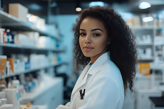 A young woman with curly hair wearing a white lab coat looks directly at the camera while standing in a pharmacy