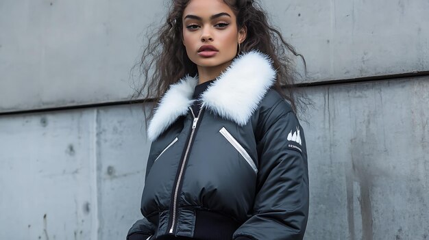 Photo a young woman with dark curly hair poses in a black bomber jacket with a white fur collar