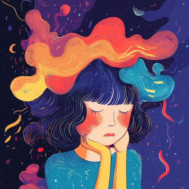 Photo a young woman with dark hair closed eyes and a thoughtful expression sits with colorful abstract shapes surrounding her head