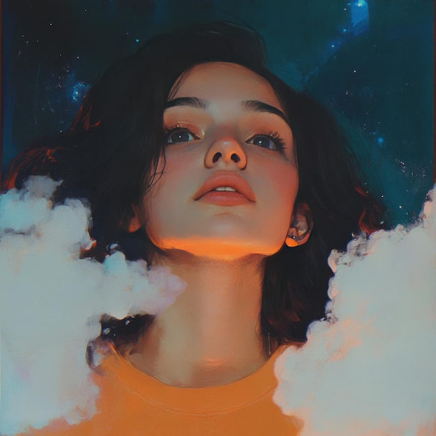 Photo young woman with dark hair looking up at the sky with clouds around her face