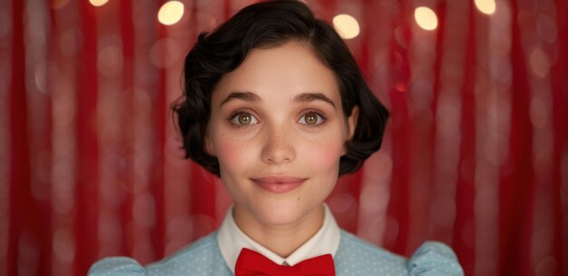 Young woman with dark hair and red bow tie