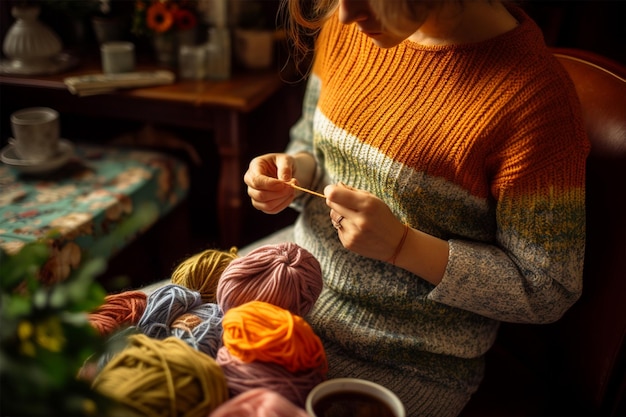 Photo young woman with different skeins of knitting threads knits