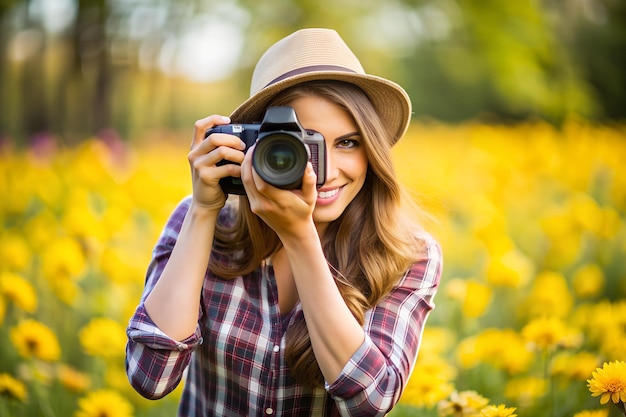 Young woman with digital camera taking pictures