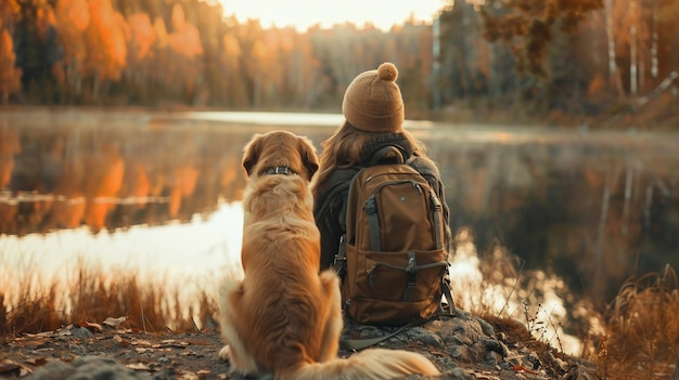 Young woman with dog looking at the lake in autumn