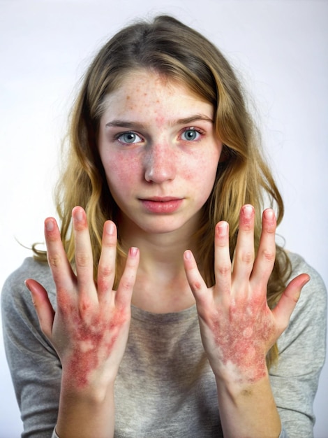 Young woman with dry and stressed dyshidrotic eczema covered hand