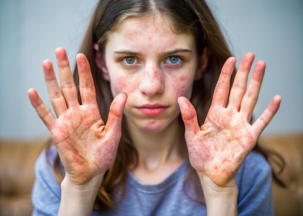 Young woman with dry and stressed dyshidrotic eczema covered hand