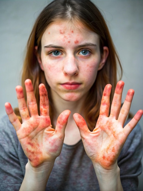 Photo young woman with dry and stressed dyshidrotic eczema covered hand