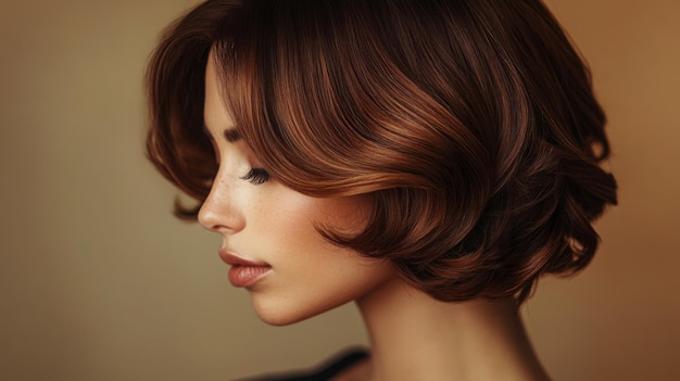 Young woman with elegant hairstyle posed against a smooth warm background