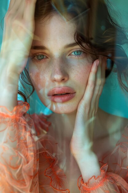 Young Woman with Expressive Blue Eyes Posing Behind Textured Glass in Orange Dress