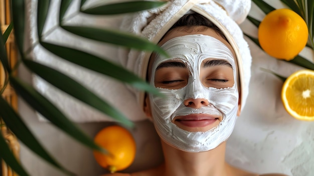 A young woman with a face mask on relaxing with oranges and palm leaves around her