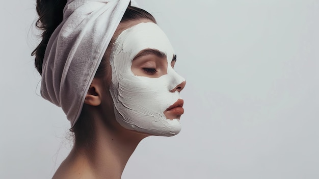 Young woman with facial clay mask on his face studio background