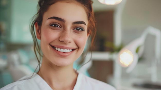 young woman with flawless teeth showing a radiant smile in a sleek dental office