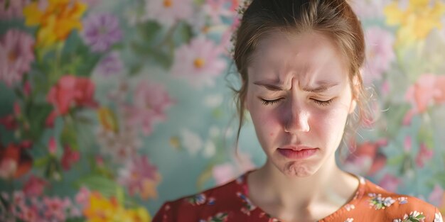 Photo young woman with flower allergy symptoms against floral background concept allergy symptoms young woman flower background floral health concerns