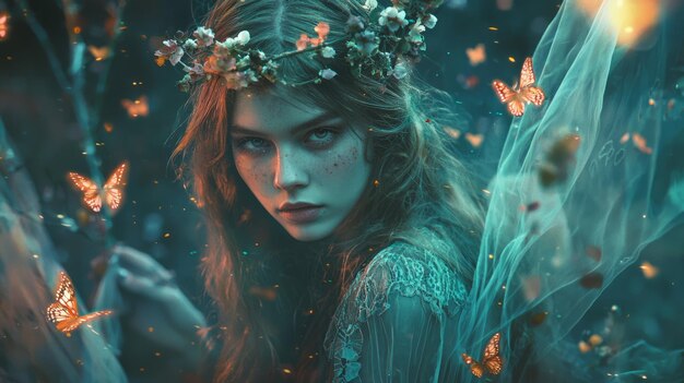 Photo a young woman with a flower crown and fairy wings stares intensely