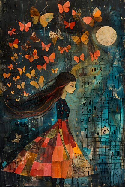 A young woman with flowing hair stands against a background of a city at night with a large moon The woman is wearing a red dress and there are many butterflies flying around her