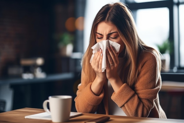 Young woman with the flu blowing her nose using a tissue from discomfort during allergy season