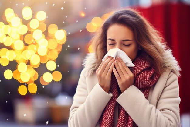 Young woman with the flu blowing her nose using a tissue managing symptoms and seeking relief