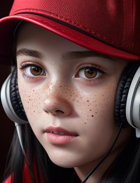 young woman with freckles and fair skin wearing red cap and big headphones