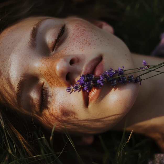 Photo a young woman with freckles lies in a field of grass her eyes closed and a sprig of lavender held to her lips