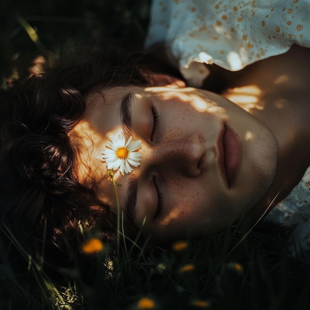 Photo a young woman with freckles lies on her back in a field of grass with a daisy on her forehead