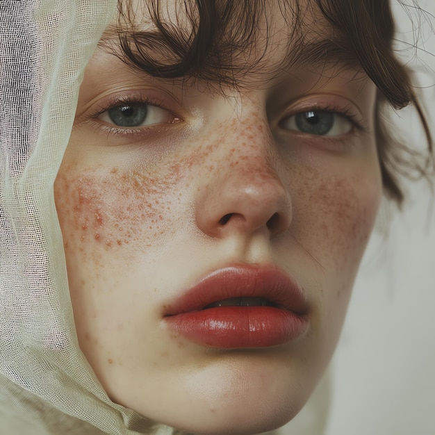 Photo a young woman with freckles natural beauty wearing a light veil showcasing acne skin