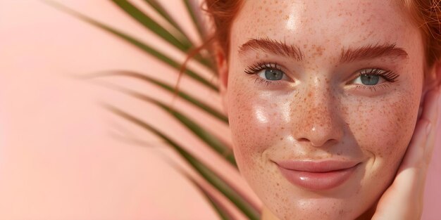 Photo young woman with freckles using skincare products for healthy glowing skin concept skincare routine skincare products glowing skin freckles young woman