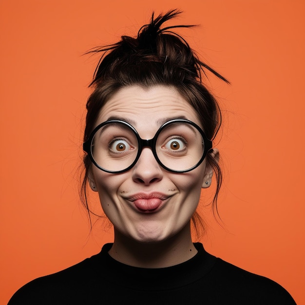 Photo a young woman with a funny expression and large glasses looking directly at the camera