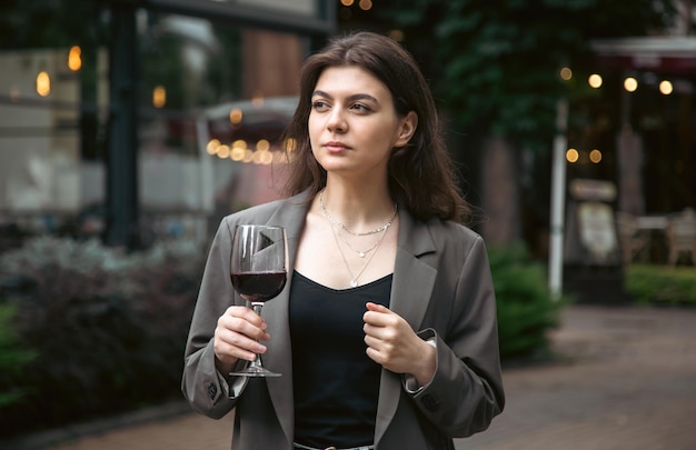 A young woman with a glass of wine outside near a restaurant