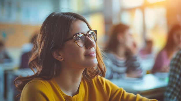 Young woman with glasses attentively listening in a classroom