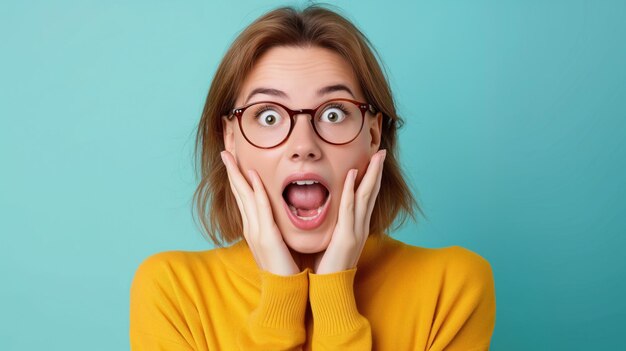 Photo a young woman with glasses displays an expression of shock and excitement holding her cheeks with both hands against a soft blue backdrop