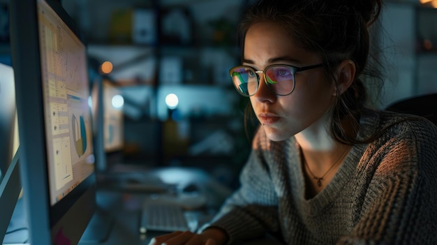 A young woman with glasses intently working on a desktop computer in a dimly lit room surrounded by a soft moody ambiance