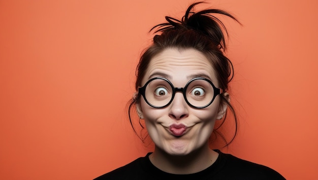 Photo a young woman with glasses is making a funny face with her mouth open and her eyes wide the background is a bright orange color