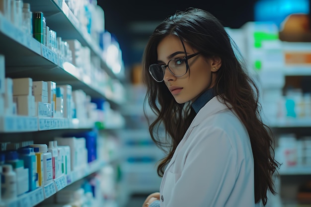 Young woman with glasses looking at pharmacy shelves