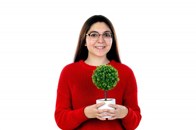 Young woman with glasses and red jersey