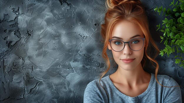 Young Woman With Glasses Smiling Against Textured Wall