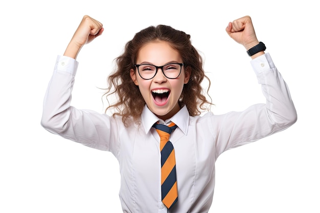 A young woman with glasses and a tie with the word success on it