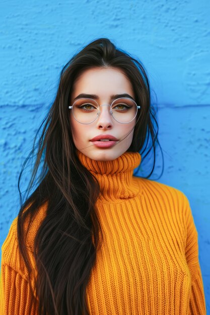 Young Woman With Glasses Wearing a Yellow Turtleneck Against a Blue Background