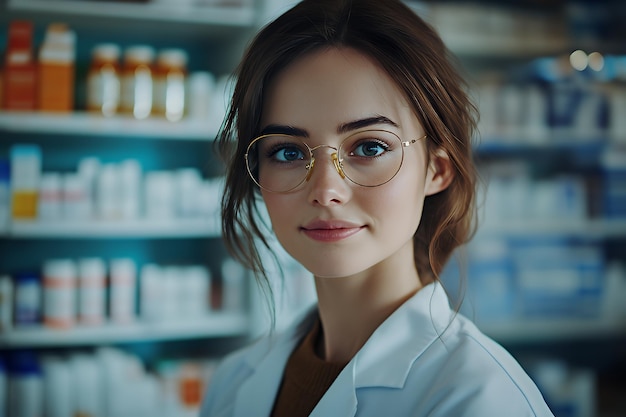 A young woman with glasses and a white coat looks at the camera in a pharmacy