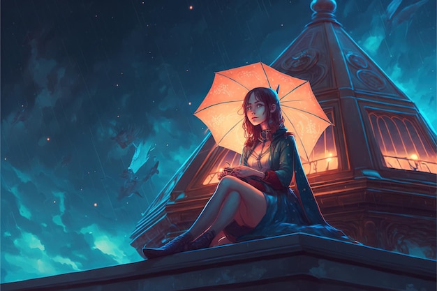 Young woman with a glowing umbrella sitting on top of the building against the starry sky digital art style illustration painting fantasy concept of a woman with umbrella