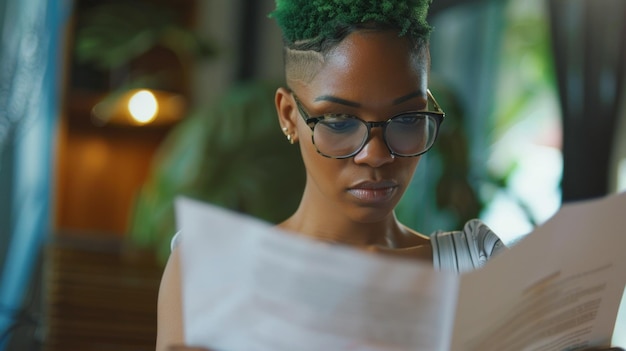 A young woman with green hair wearing glasses sits at a cafe table and carefully reads documents