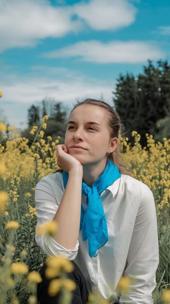 Photo young woman with hand on chin sitting in field on sunny day