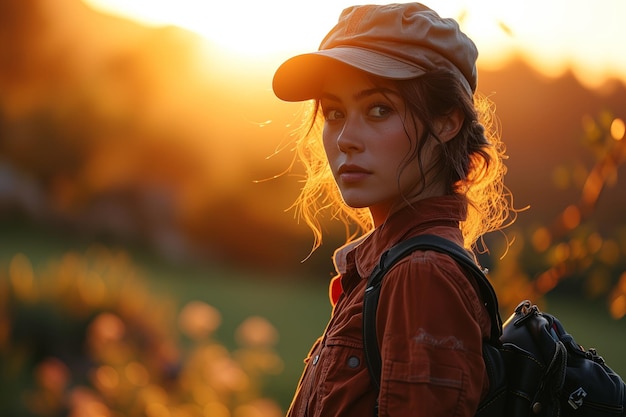 Young woman with hat and backpack walks at sunset